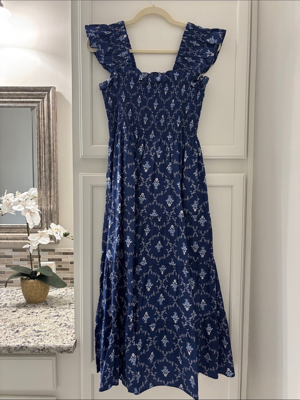 Hill House Navy Blue Floral Smocked Maxi Dress with Ruffle Straps